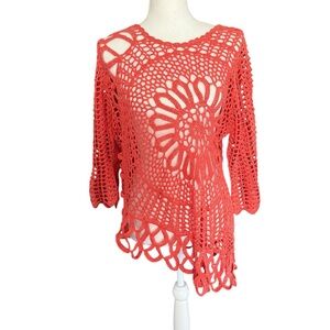 Roamans coral pink silver Crochet Open Knit Top women large 14 16 swim coverup